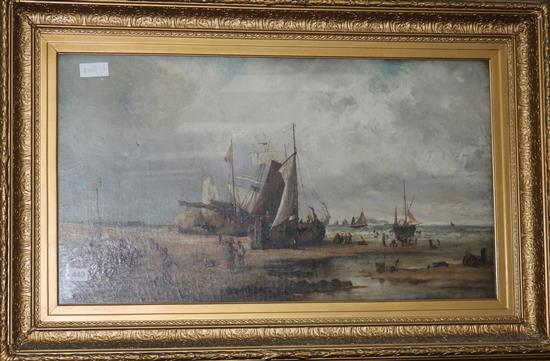 Late 19th century English School Fisherfolk on the shore at low tide 18 x 32in.